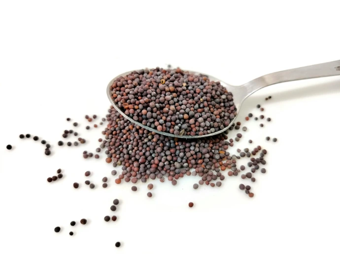 a spoon filled with black seed on top of a white table